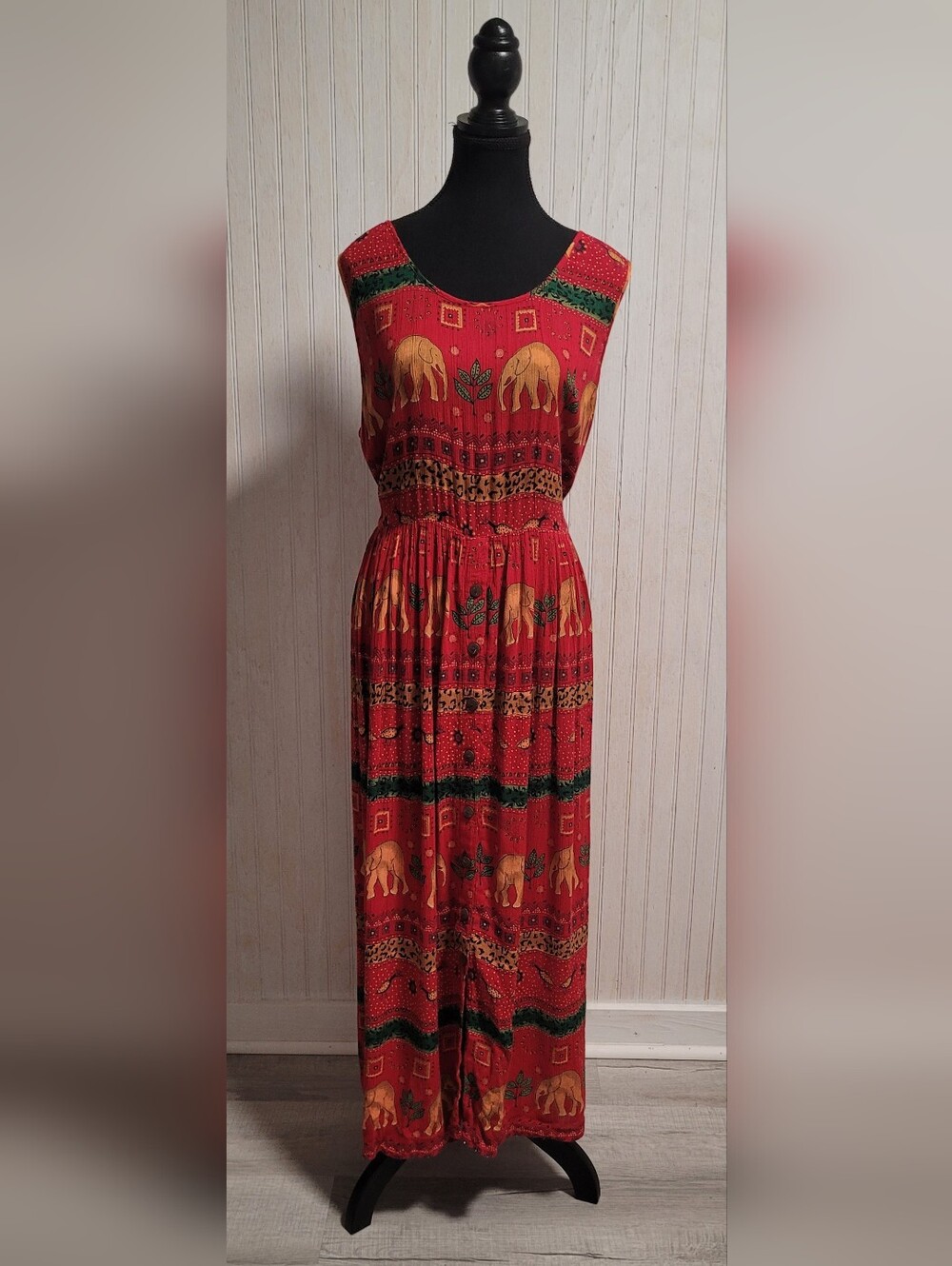 Vintage 90s Bila Red Elephant Print Maxi Dress L